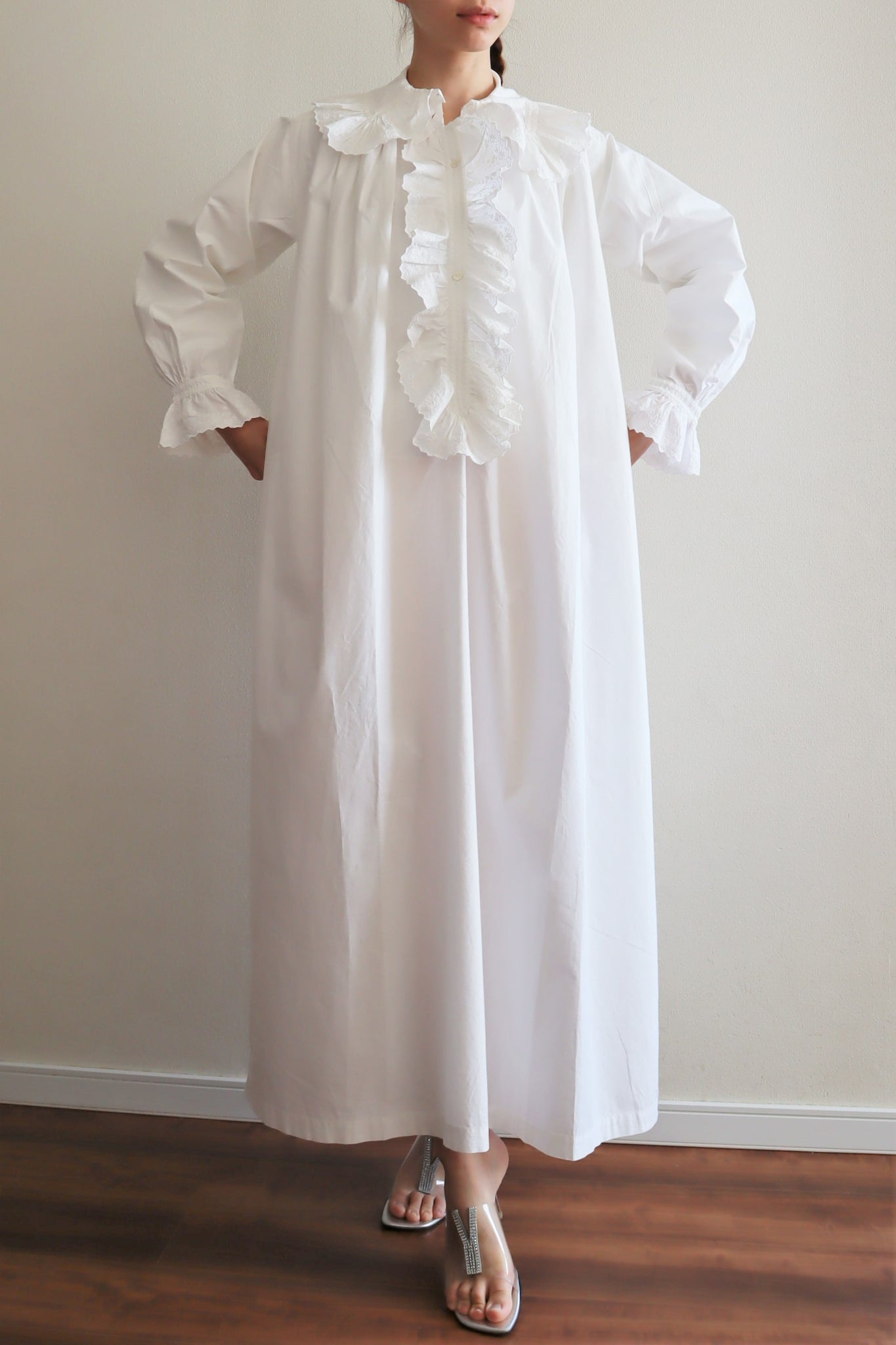 1900s Frill Lace Big Collar White Cotton Dress