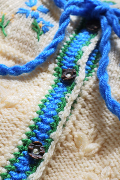 70s Blue Flower Embroidery Hand Knit Cream Austrian Cardigan