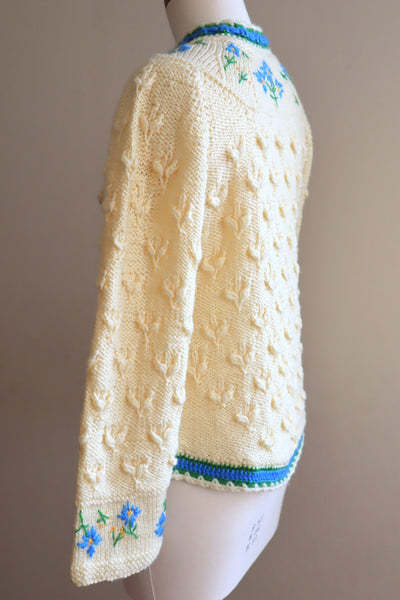 70s Blue Flower Embroidery Hand Knit Cream Austrian Cardigan