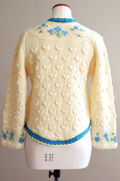 70s Blue Flower Embroidery Hand Knit Cream Austrian Cardigan