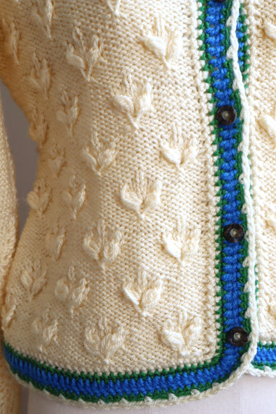 70s Blue Flower Embroidery Hand Knit Cream Austrian Cardigan