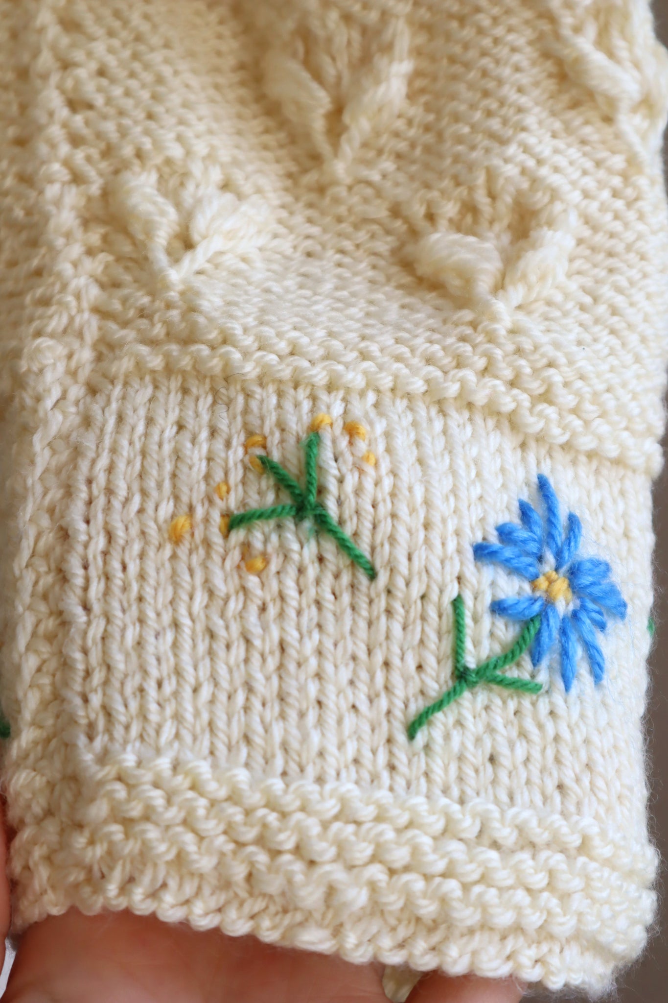 70s Blue Flower Embroidery Hand Knit Cream Austrian Cardigan