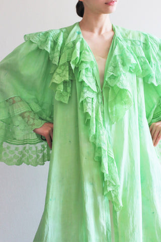 1890s Victorian Hand-dyed Apple Green Bell Sleeve Gown