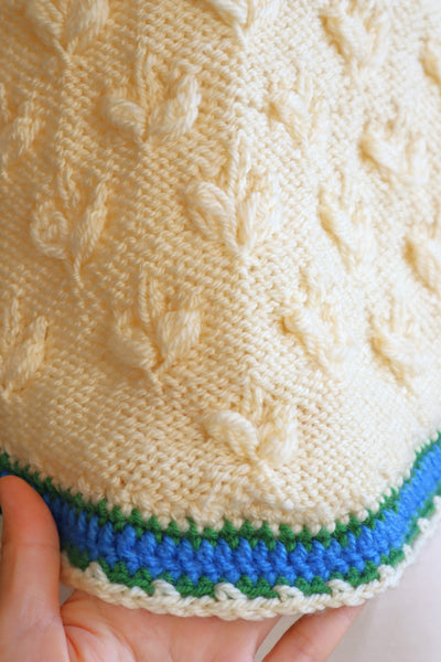 70s Blue Flower Embroidery Hand Knit Cream Austrian Cardigan