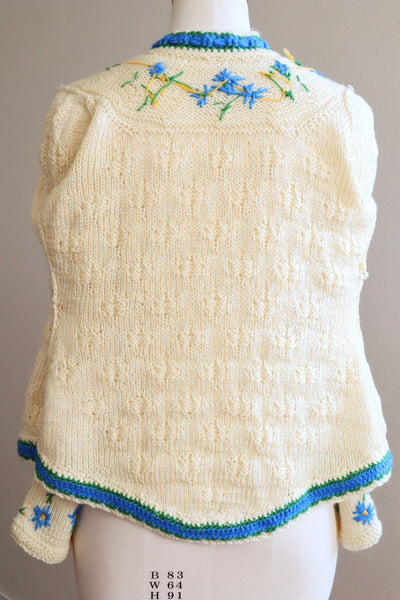 70s Blue Flower Embroidery Hand Knit Cream Austrian Cardigan