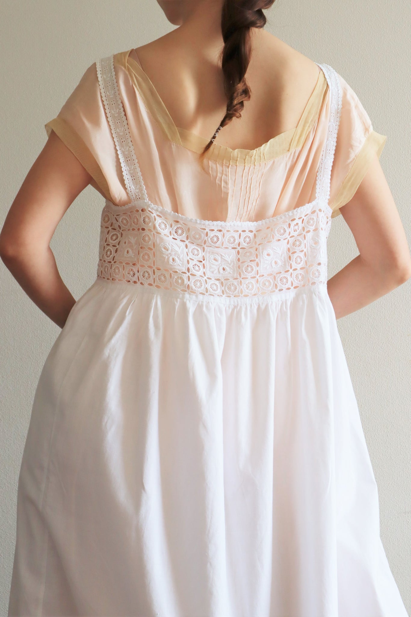 1900s Hand-Embroidered Botanical Lace White Cotton Camisole Dress