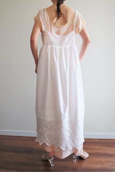 1900s Hand-Embroidered Botanical Lace White Cotton Camisole Dress