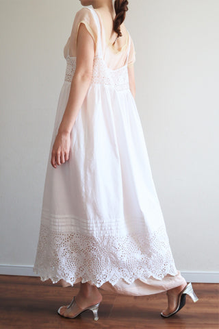 1900s Hand-Embroidered Botanical Lace White Cotton Camisole Dress