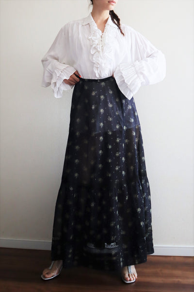 1910s Edwardian Navy Calico Print Cotton Skirt