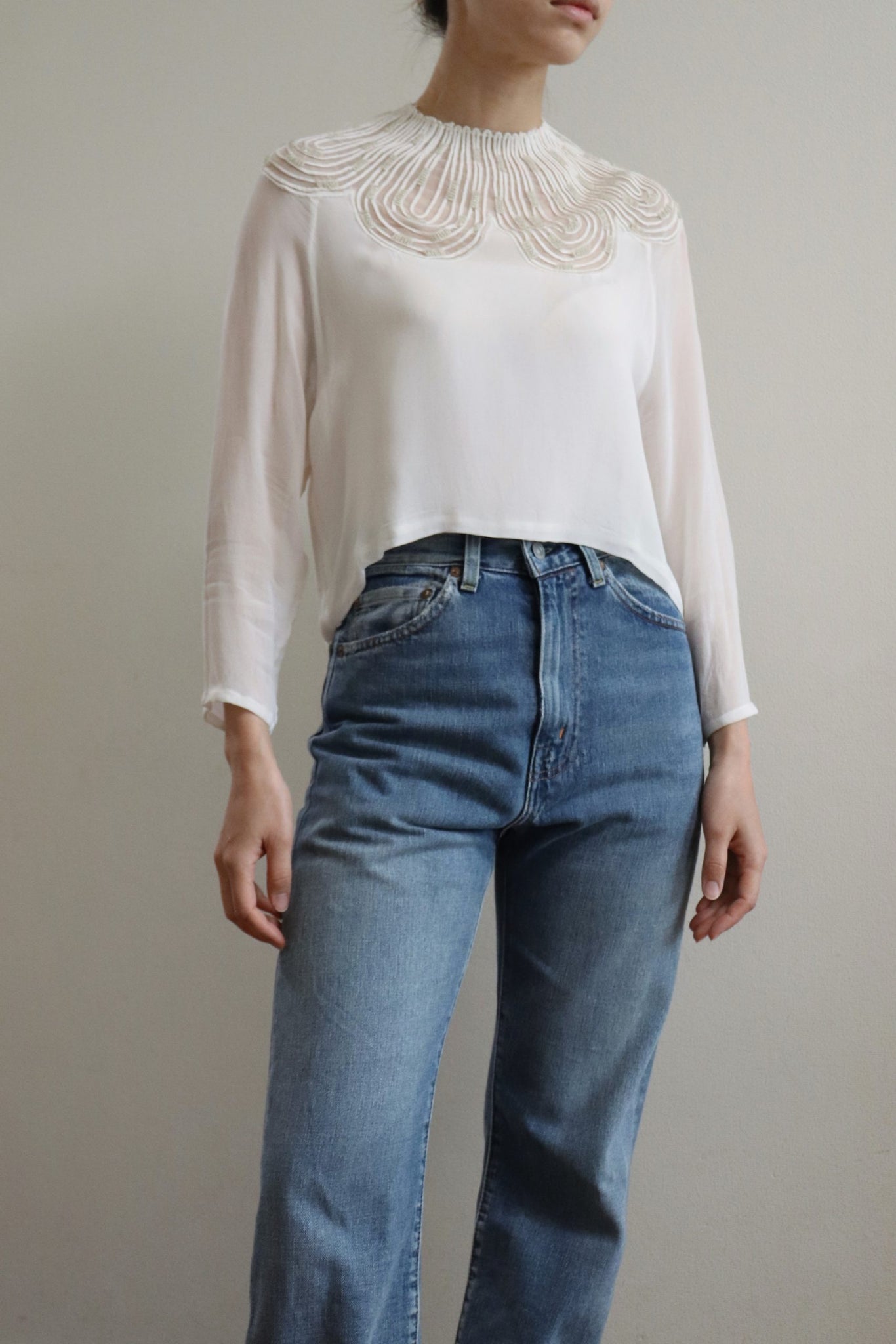 80s Sugar White Embellished Sheer Blouse