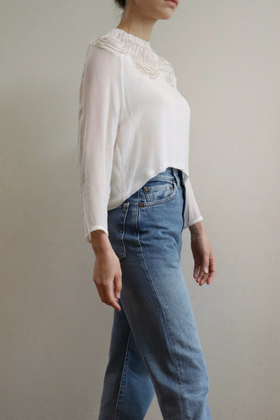 80s Sugar White Embellished Sheer Blouse