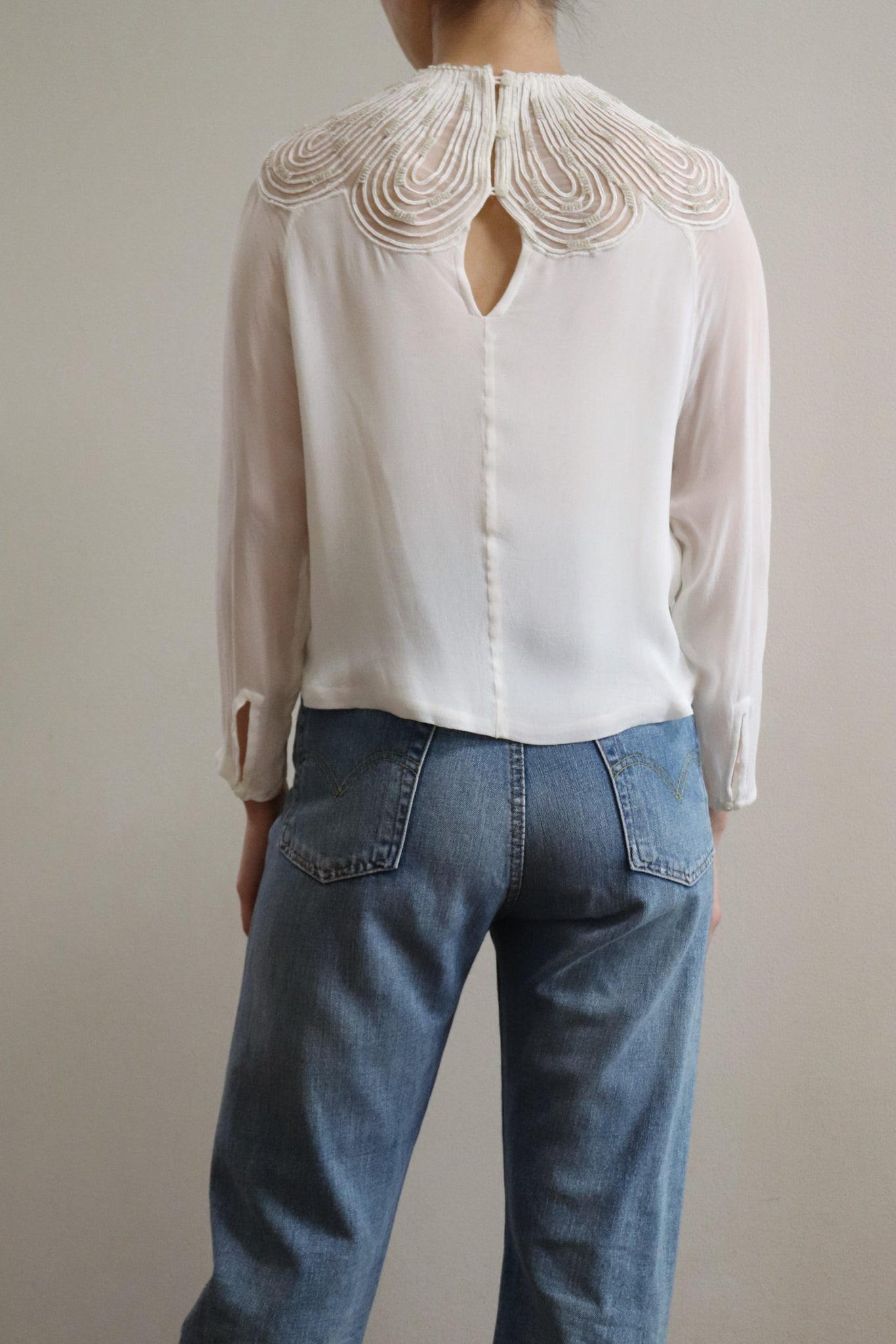 80s Sugar White Embellished Sheer Blouse