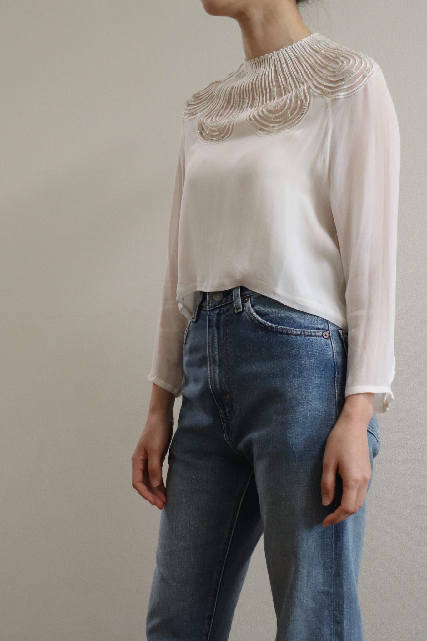 80s Sugar White Embellished Sheer Blouse