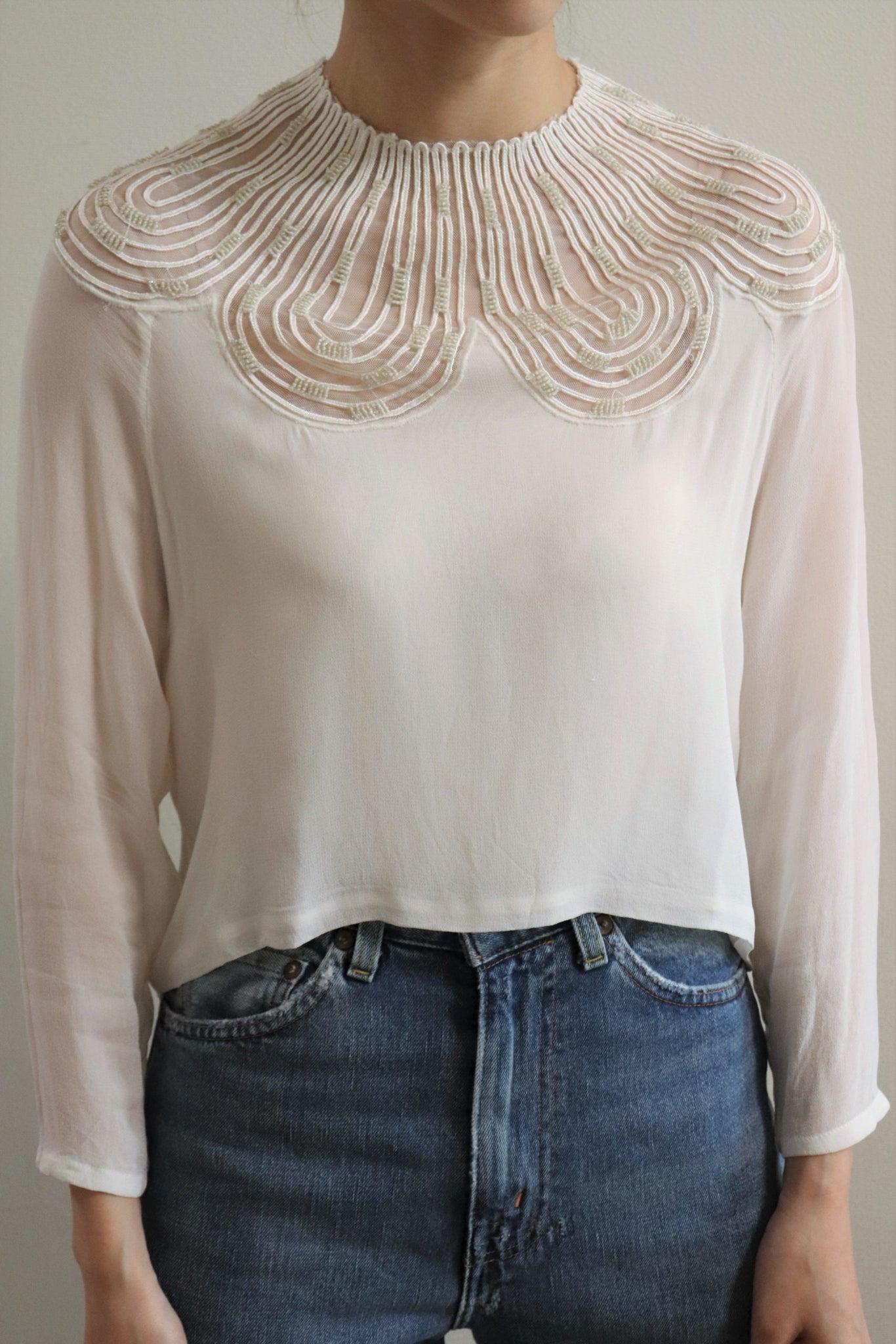 80s Sugar White Embellished Sheer Blouse