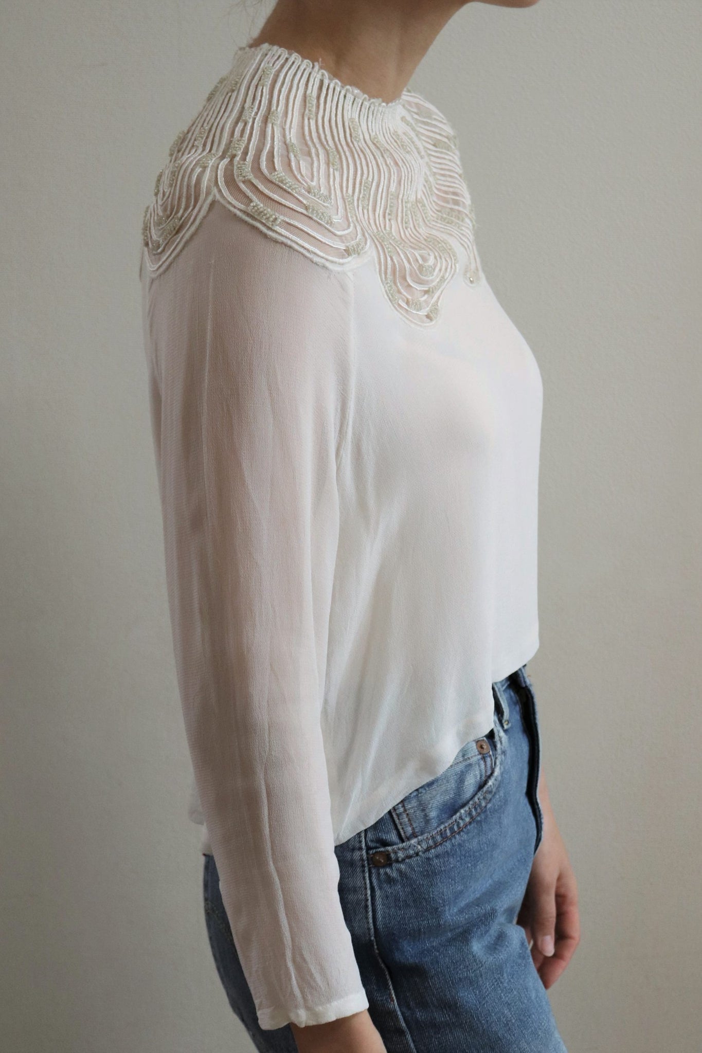 80s Sugar White Embellished Sheer Blouse