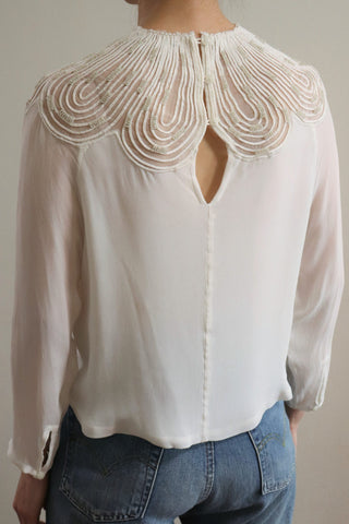 80s Sugar White Embellished Sheer Blouse