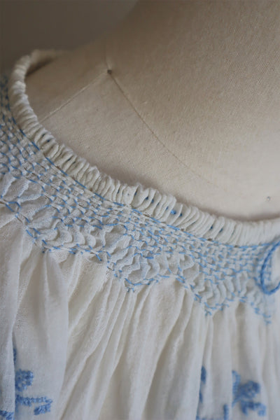1940s Cotton Gauze Romanian Blouse Embroidery Sky Blue