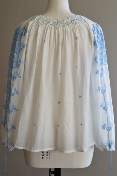 1940s Cotton Gauze Romanian Blouse Embroidery Sky Blue
