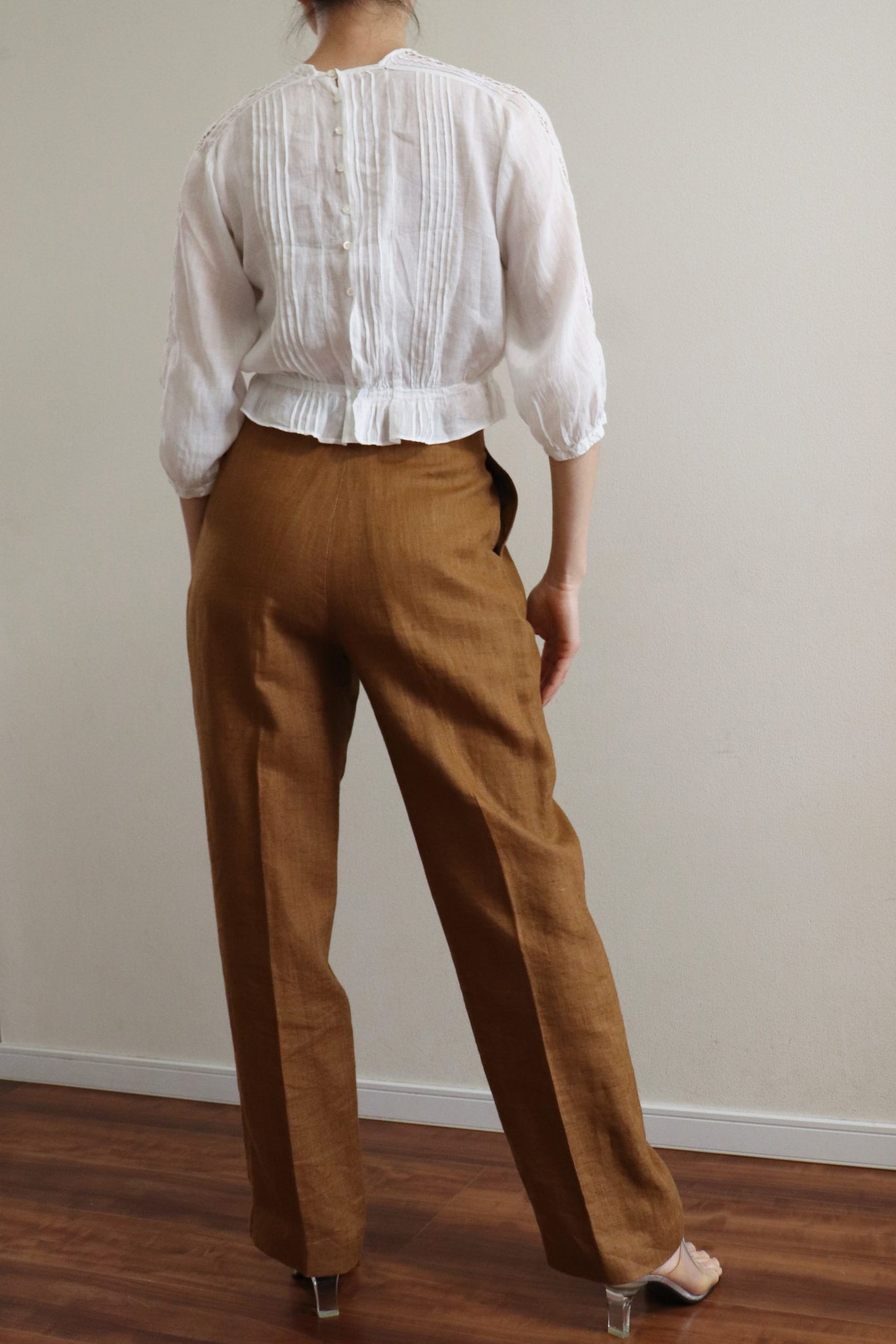 Vintage Brown Linen High Waist Straight Leg Trousers