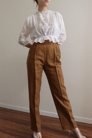 Vintage Brown Linen High Waist Straight Leg Trousers