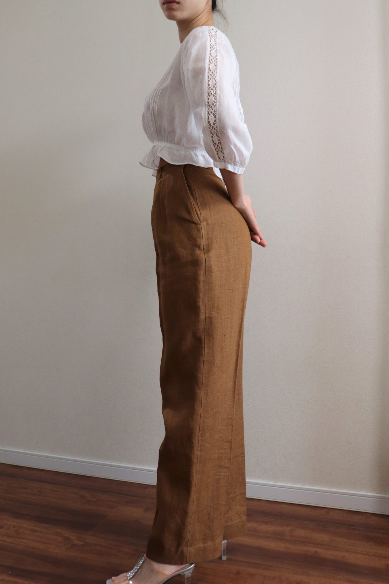 Vintage Brown Linen High Waist Straight Leg Trousers