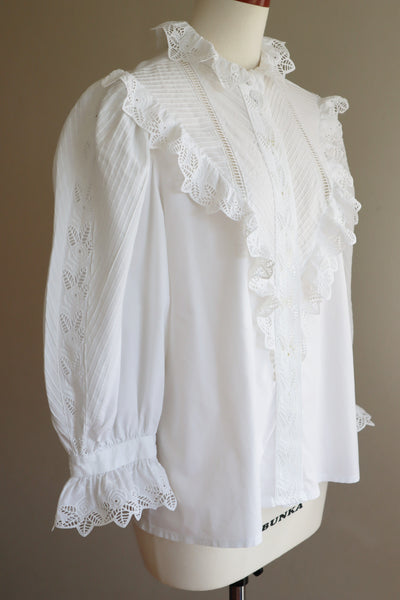 80s Rose Cutwork Lace Puff Sleeve Cotton Blouse