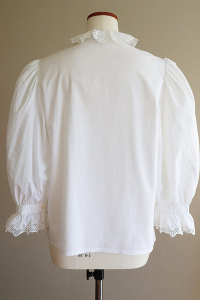 80s Rose Cutwork Lace Puff Sleeve Cotton Blouse