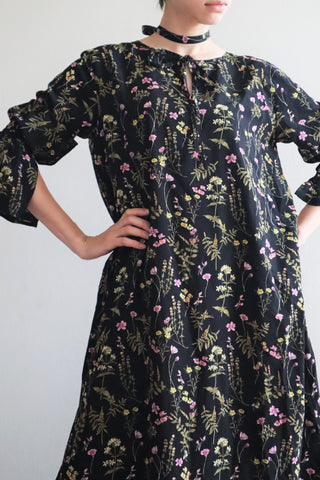 Vintage Floral Print Black Long Dress