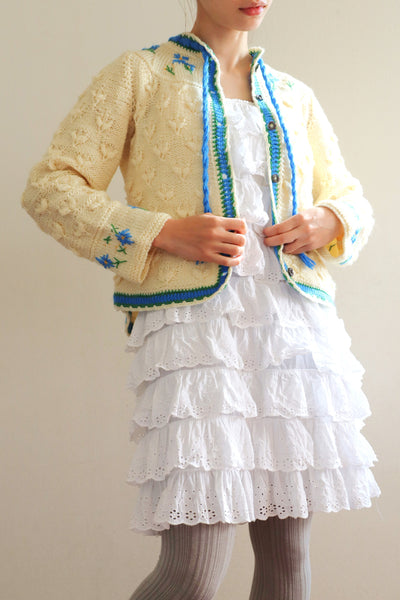 70s Blue Flower Embroidery Hand Knit Cream Austrian Cardigan