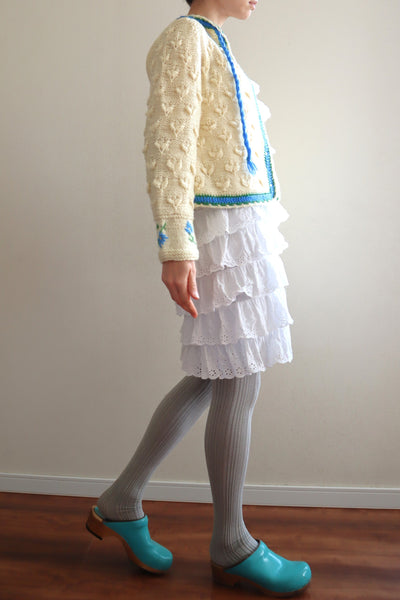 70s Blue Flower Embroidery Hand Knit Cream Austrian Cardigan