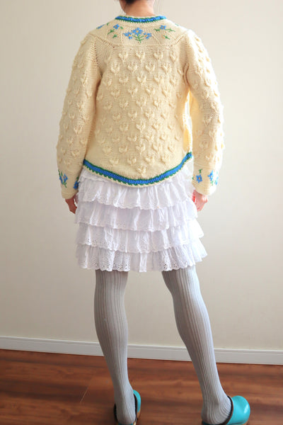 70s Blue Flower Embroidery Hand Knit Cream Austrian Cardigan