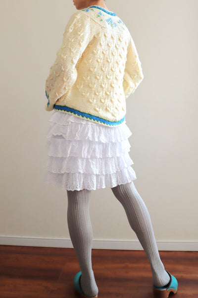 70s Blue Flower Embroidery Hand Knit Cream Austrian Cardigan