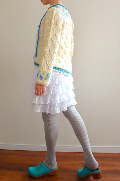 70s Blue Flower Embroidery Hand Knit Cream Austrian Cardigan