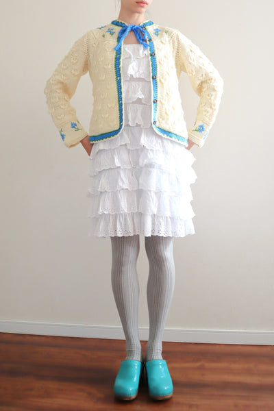 70s Blue Flower Embroidery Hand Knit Cream Austrian Cardigan