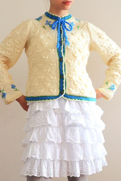 70s Blue Flower Embroidery Hand Knit Cream Austrian Cardigan