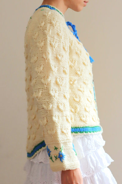 70s Blue Flower Embroidery Hand Knit Cream Austrian Cardigan
