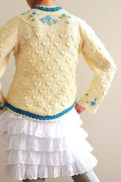 70s Blue Flower Embroidery Hand Knit Cream Austrian Cardigan