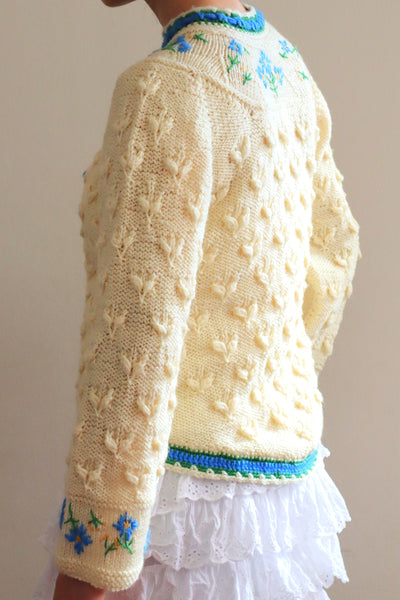 70s Blue Flower Embroidery Hand Knit Cream Austrian Cardigan