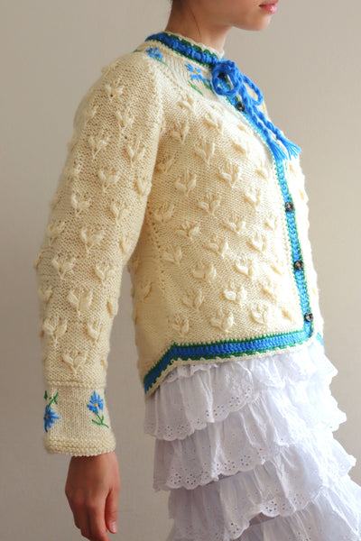 70s Blue Flower Embroidery Hand Knit Cream Austrian Cardigan