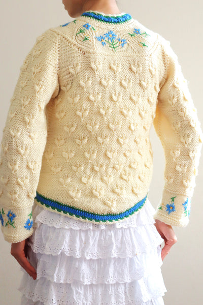 70s Blue Flower Embroidery Hand Knit Cream Austrian Cardigan