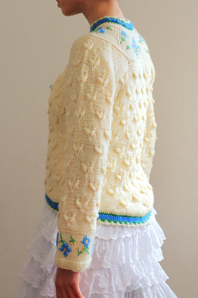 70s Blue Flower Embroidery Hand Knit Cream Austrian Cardigan