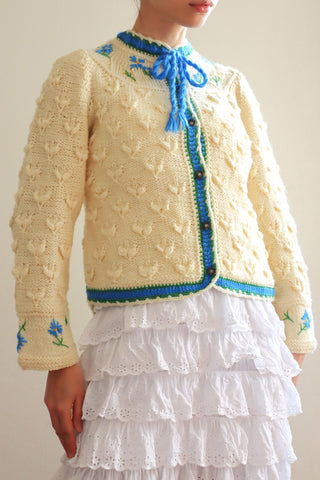 70s Blue Flower Embroidery Hand Knit Cream Austrian Cardigan