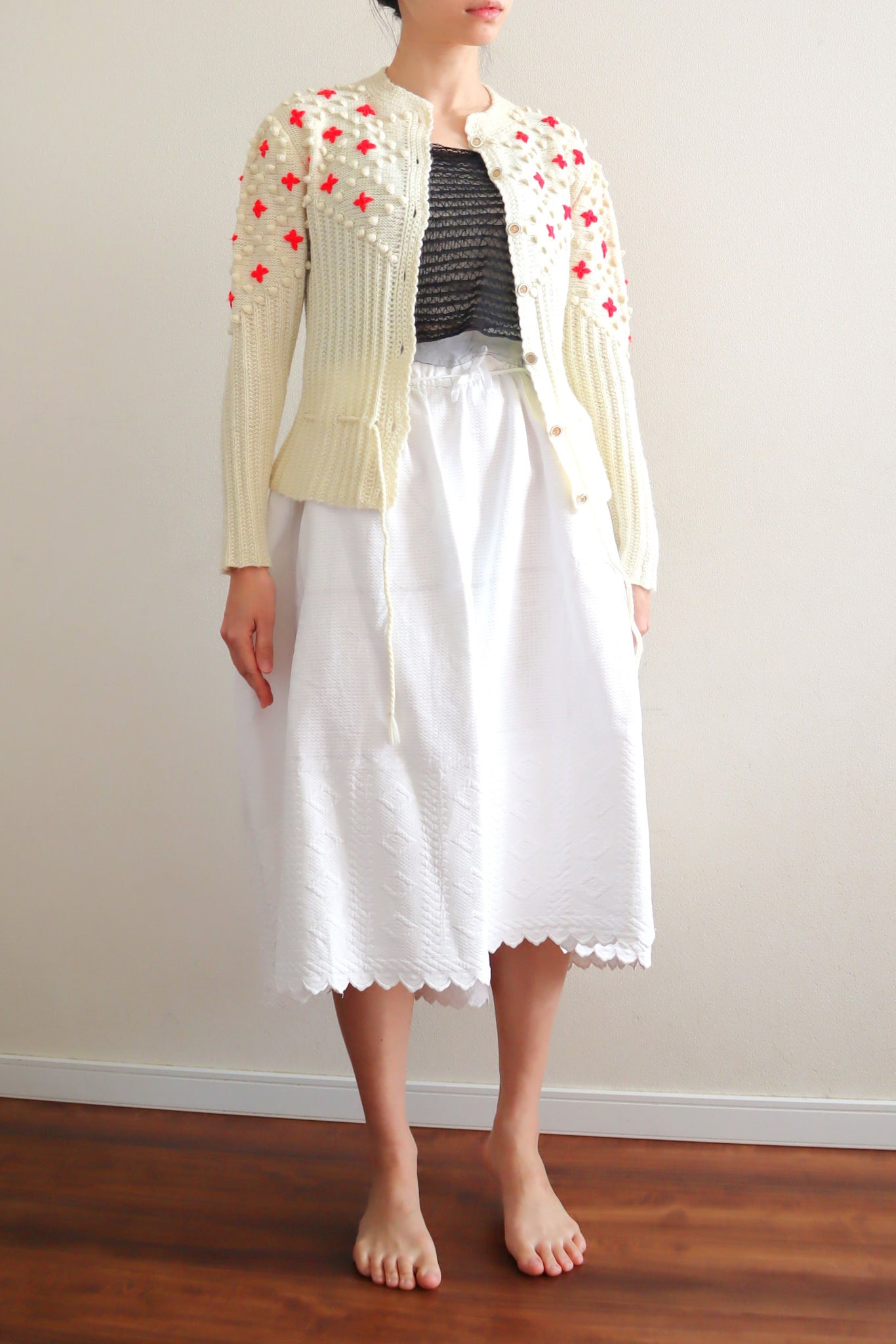 80s Off White Neon Flower Embroidery Austrian Cardigan Size S~M