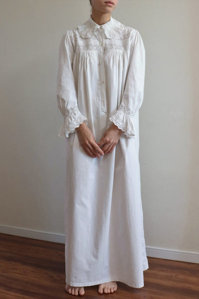 1900s Cut Work Lace Collar White Cotton Dress