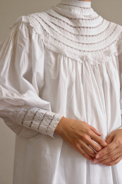 1900s Antique Lace High Neck Collar Long White Cotton Dress