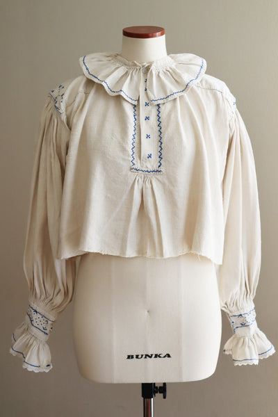 1940s Homespun Linen Romanian Blouse Blue And Ivory Hand Embroidery