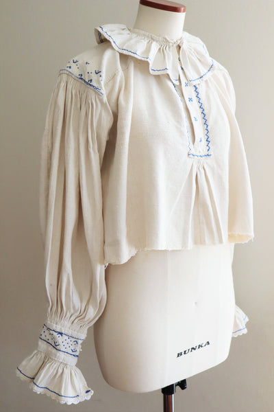 1940s Homespun Linen Romanian Blouse Blue And Ivory Hand Embroidery