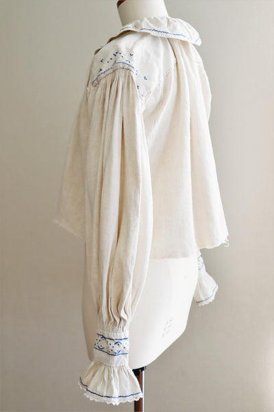 1940s Homespun Linen Romanian Blouse Blue And Ivory Hand Embroidery