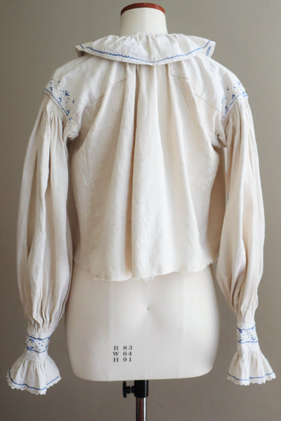 1940s Homespun Linen Romanian Blouse Blue And Ivory Hand Embroidery