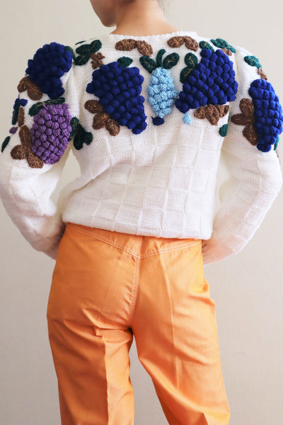 70s Bavarian Hand Knit 3D Grapes Embroidered Cardigan